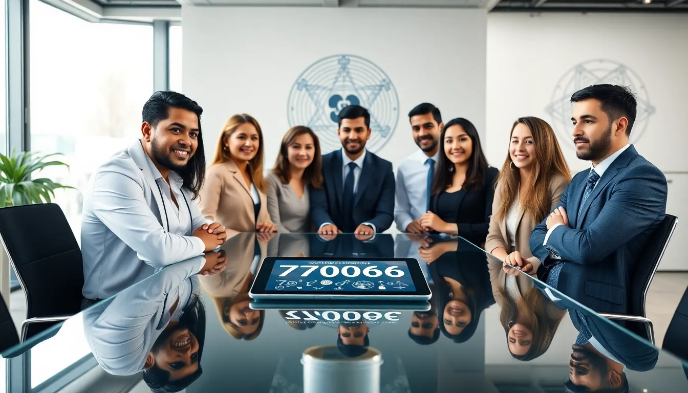 diverse team discussing the significance of the number 7877076596 in a modern office.